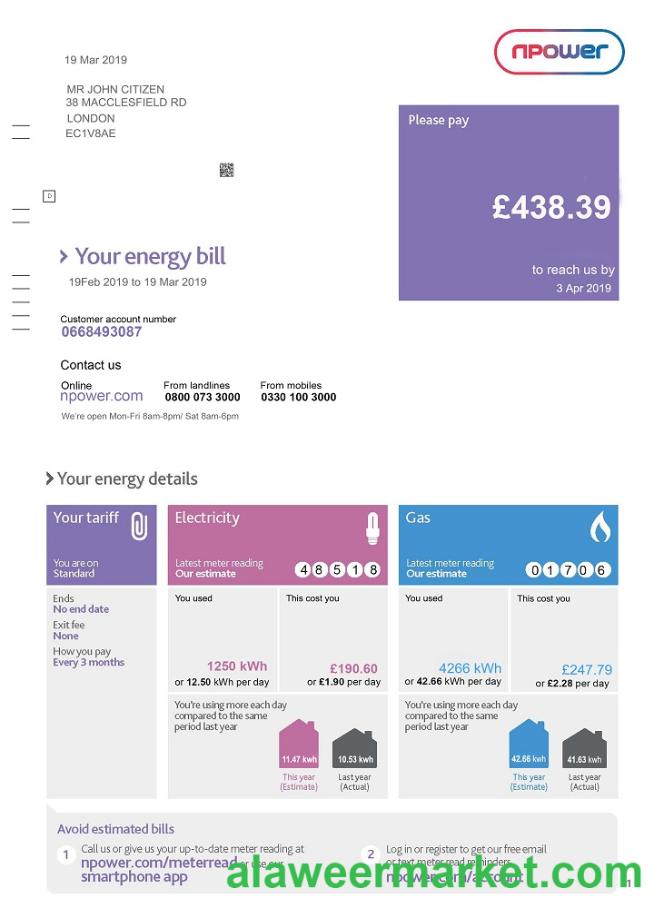 United Kingdom Npower utility bill template, fully editable in PSD format